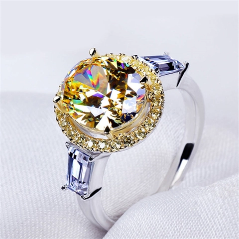 Oval Yellow Zircon Copper Ring Women Luxury Halo Baguette Side Stone Two Tone Cocktail Wedding Party Jewelry