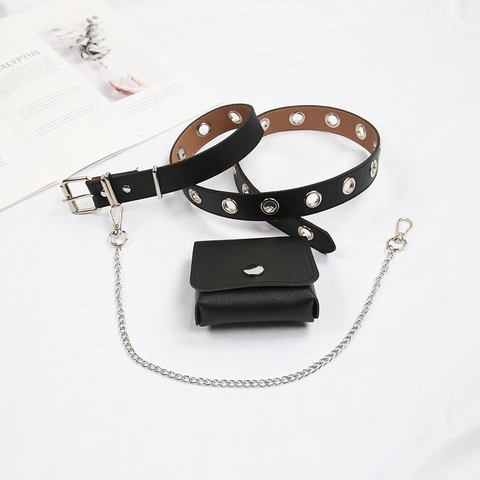 Ceinture À Oeillets Punk Cuir PU Pochette Amovible Chaîne Métallique Accessoires De Mode Streetwear Boucle À Épingle Noir