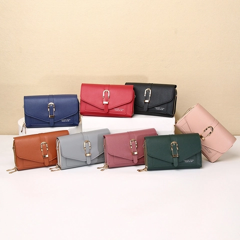 Sac Bandoulière Téléphone Portable Femme Cuir PU Portefeuille Long Multi Compartiments Double Fermeture Éclair Avec Bandoulière