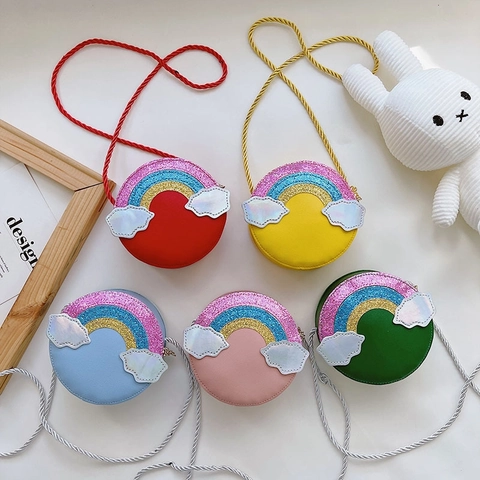 Mini Bolso Bandolera Redondo Para Niños Lindo Arcoíris Nube Lentejuelas Cuero PU Bolso De Hombro Moda Niñas