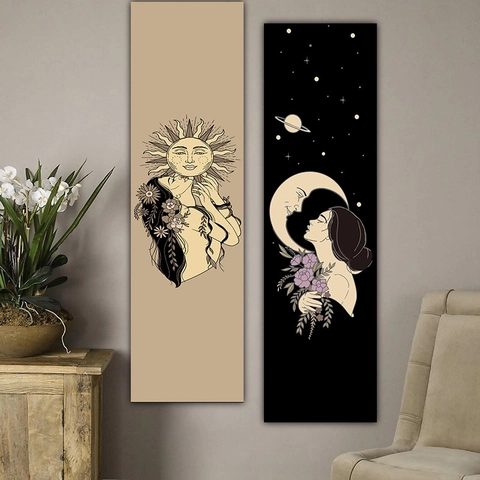 Vertical Wall Hanging Tapestry Sun Moon Mushroom Print Polyester Peach Skin Fabric Mystical Boho Home Decor