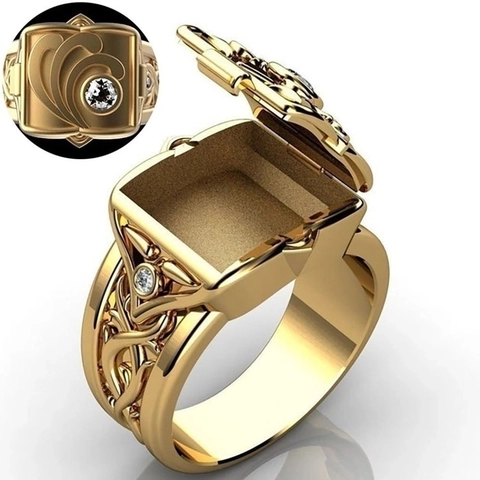 Men Poison Ring Secret Compartment Flip Top Vintage Copper Cubic Zirconia Hollow Pattern Punk Jewelry