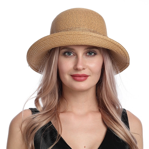 Women Straw Hat Elegant Bowknot Decor Foldable Breathable Wide Brim Summer Beach Sunscreen Vacation Bucket Hat