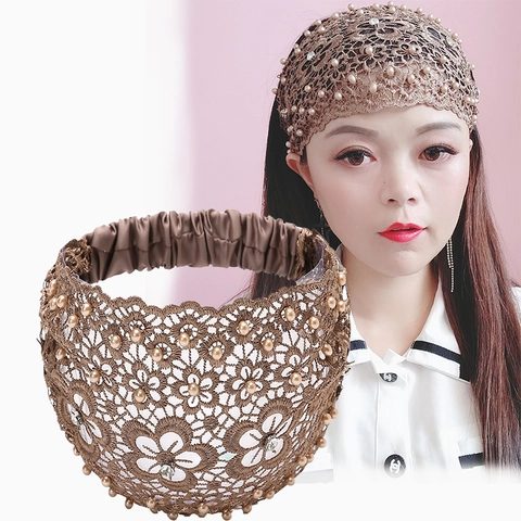 Wide Lace Headband Faux Artificial Pearl Rhinestone Elastic Floral Hollow Out Hair Band For Women Fashion Accessories