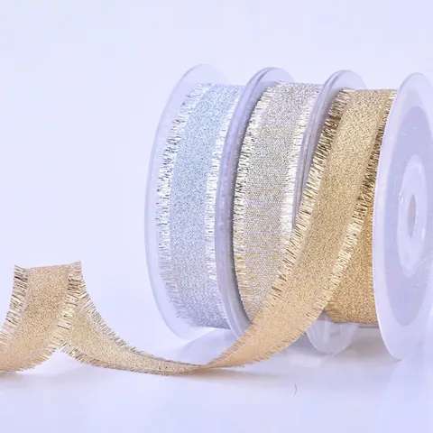 Metallic Glitter Ribbon With Fringe Edge Gold Silver Polyester For Gift Wrapping Cake Decor Wedding DIY Crafting
