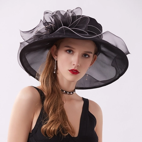 Cappello da Sole Vintage in Organza con Fiori per Donna Ala Larga Pieghevole in Rete per Matrimoni Feste in Giardino Estate