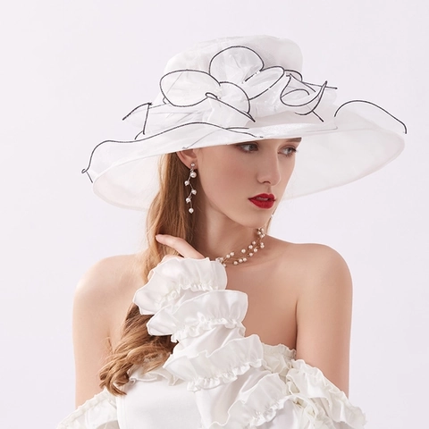 Cappello da Sole Vintage in Organza con Fiori per Donna Ala Larga Pieghevole in Rete per Matrimoni Feste in Giardino Estate