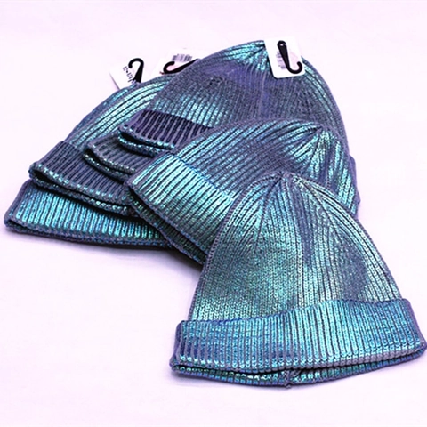Metallic Laser Knit Beanie Hat Unisex Harajuku Hip Hop Winter Warm Acrylic Cuff Cap Glossy Solid Color Streetwear Accessory