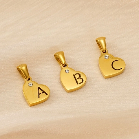 Heart Initial Letter Pendant 18K Gold Plated Stainless Steel Rhinestone Alphabet A-Z Hollow DIY Charm Jewelry For Women