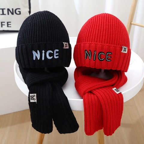 Kinder Strickmütze Und Schal Nice Buchstaben Stickerei Dick Warm Winter Outdoor Nackenwärmer Jungen Mädchen