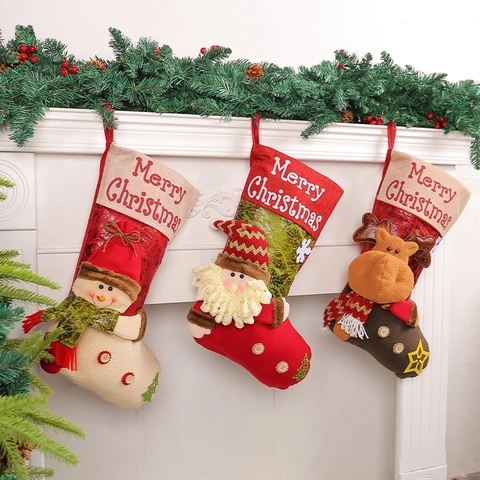 Christmas Stocking Linen Polyester Fabric 3D Santa Snowman Reindeer Doll Merry Christmas Fireplace Hanging Decor Festive