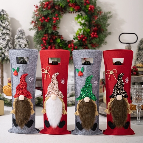 Housse De Bouteille De Vin De Noël Gnome Chapeau Pailleté Feutre Sac De Bouteille Pour Décoration De Table