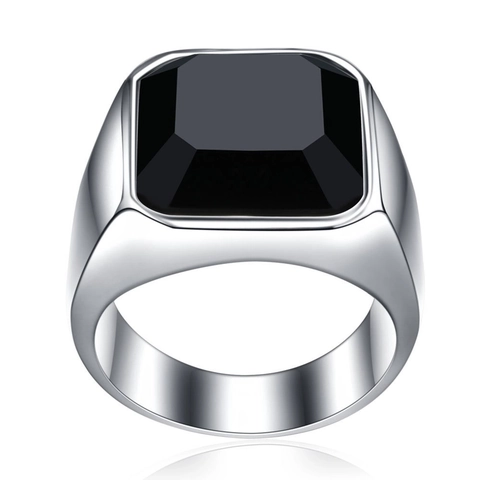 Men Ring Silver Color Alloy Square Faceted Black Stone Signet Ring Minimalist Jewelry For Male
