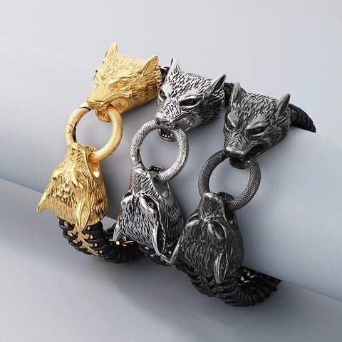 Pulsera Hombre Acero De Titanio Cuero Trenzado Doble Cabeza De Lobo León Calavera Punk Rock Biker Joyería Accesorio Gótico
