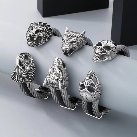 Punk Men Stainless Steel Wolf Lion Head Skull Open Cuff Bracelet Gothic Braided Leather Metal Wire Spliced Bangle Jewelry
