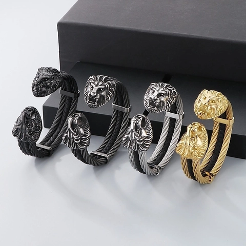 Brazalete Abierto De Doble Cabeza De León Pulsera De Acero Inoxidable Cable De Alambre Para Hombres Joyería Punk Rock