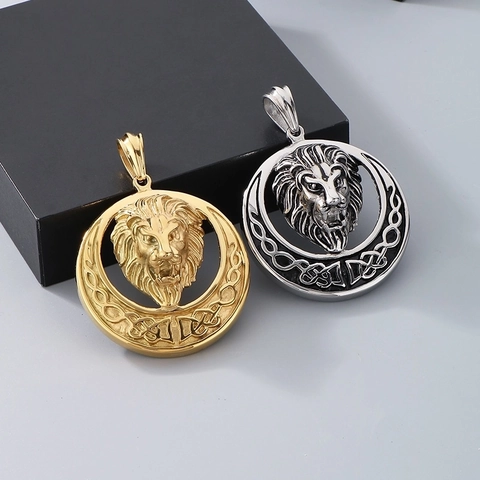 Lion Head Pendant Necklace With Stainless Steel And Zirconia Retro Hip Hop Celtic Knot Round Medallion Men Jewelry