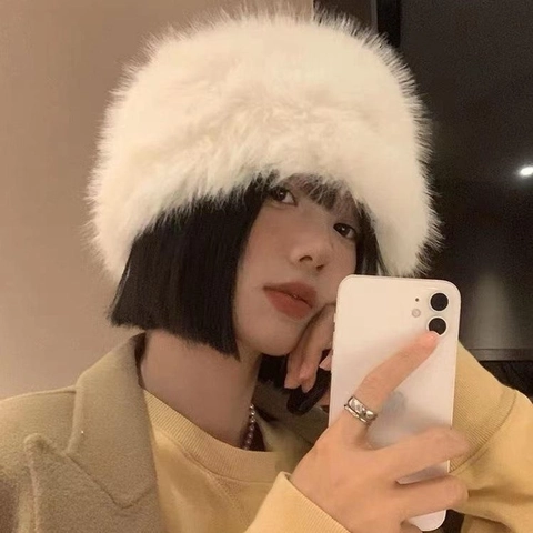 Women Winter Bucket Hat Faux Fur Plush Thickened Warm Cold Protection Solid Color Ins Style Soft Cloche Cap For Lady