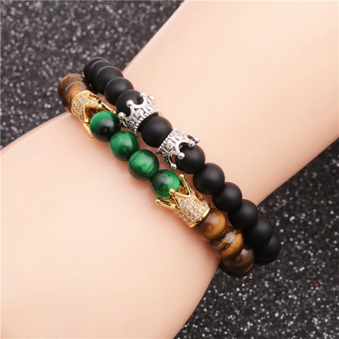 Bracciale Di Perline In Pietra Occhio Di Tigre Opaca Con Ciondolo Corona In Rame Zircone Gioielli Moda Per Uomo E Donna Accessorio