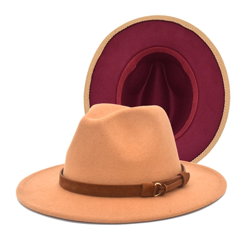 Unisex British Vintage Bicolor Wool Felt Fedora Hat With Decorative Buckle Belt Contrast Wide Brim Jazz Hat For Travel Outdoor