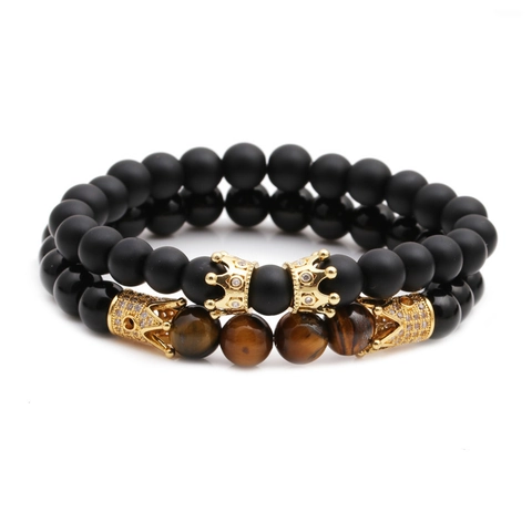 Bracciale Di Perle In Occhio Di Tigre Con Agata Nera Opaca Ciondoli Corona In Rame E Zircone Gioielli Fatti A Mano
