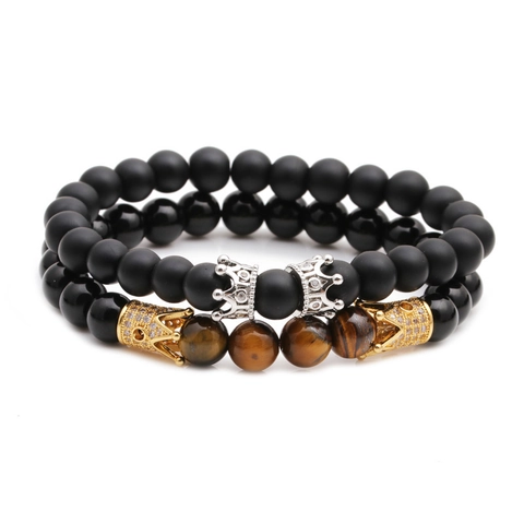 Bracciale Di Perle In Occhio Di Tigre Con Agata Nera Opaca Ciondoli Corona In Rame E Zircone Gioielli Fatti A Mano