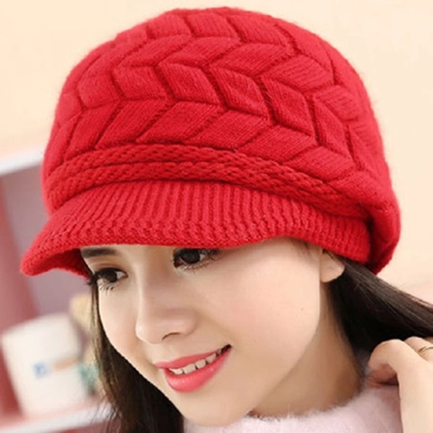 Gorro con Visera de Punto de Mezcla de Pelo de Conejo de Estilo Coreano para Mujer Doble Capa Forro Polar Invierno