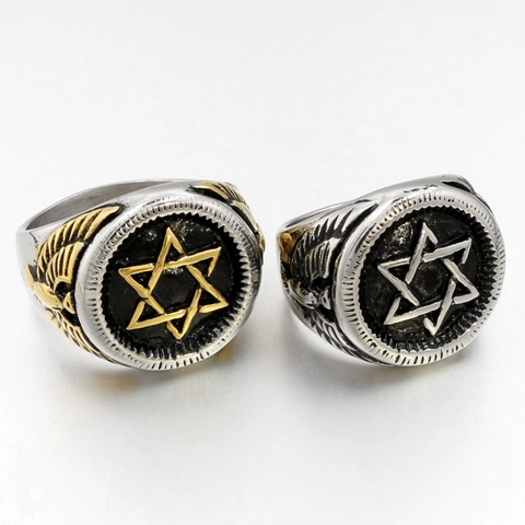 Bague Étoile De David Homme Vintage Acier Inoxydable Titane Aigle Ailes Hexagramme Rétro Punk Bijoux