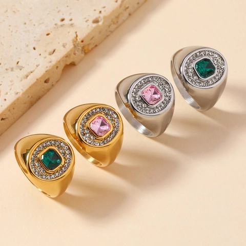 Anello Vintage in Acciaio Inossidabile Lusso Intarsiato con Strass Anello con Pietra Preziosa Oro Argento Placcato Geometrico Anello per Donna Uomo Gioielli