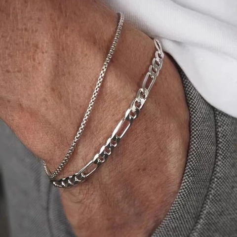 Double Layer Alloy Chain Bracelet Figaro And Box Chain Hip Hop Punk Simple Metal Jewelry For Men