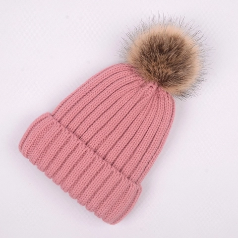 Gestrickte Beanie Mütze Acryl Warm Fleece Gefüttert Gerippt Mit Abnehmbarem Kunstfell Bommel Winter Für Damen Kinder