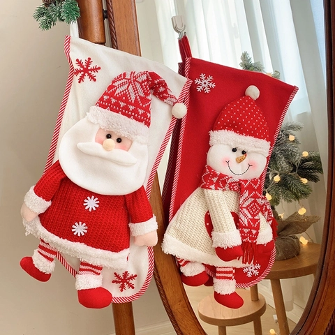 Calcetín de Navidad 3D de Dibujos Animados Con Tejido de Punto Papá Noel Muñeco de Nieve Bolsa de Regalo Decoración