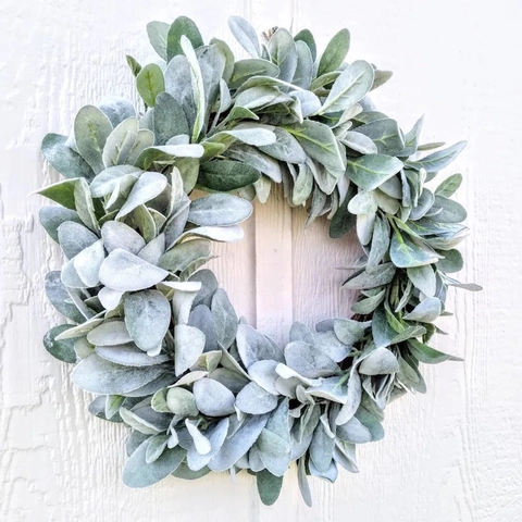 Artificial Lamb's Ear Wreath Flocked Green Leaves Rustic Farmhouse Front Door Wall Hanging Decor All Seasons Mother's Day