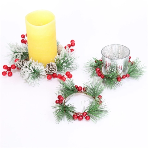 Corona Di Natale Mini Anello Candela PVC Ago Di Pino Artificiale Bacca Rossa Glitter Decorazione Tavola Feste Fatto A Mano