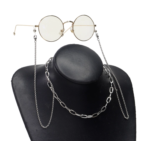 Stainless Steel Eyeglass Chain Non Slip Glasses Strap Holder With Silicone Loops Silver Geometric Link For Women Men