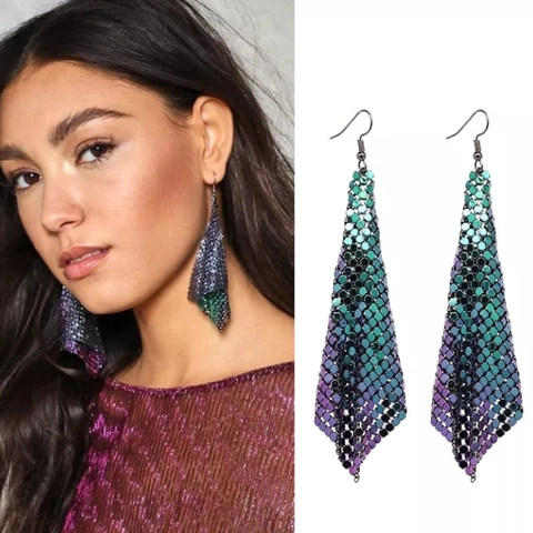 Fashion Metal Mesh Sequin Dangle Drop Earrings For Women Geometric Triangular Long Fluid Tassel Chic Party Disco Jewelry
