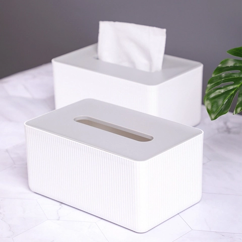 Minimalistischer Taschentuchbox-Halter Rechteckiger Kunststoff Mit Grauem Deckel Vertikale Streifen Schreibtisch