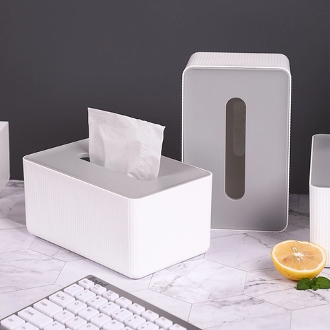 Minimalistischer Taschentuchbox-Halter Rechteckiger Kunststoff Mit Grauem Deckel Vertikale Streifen Schreibtisch