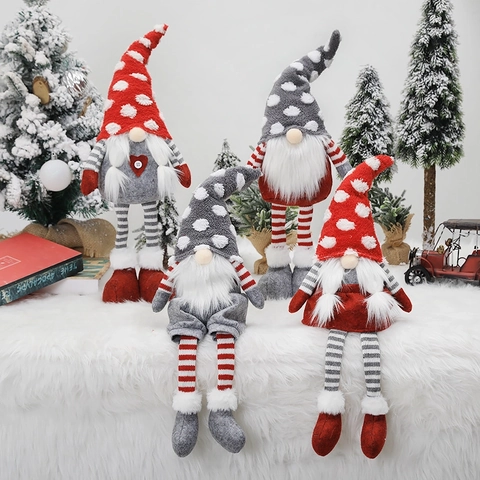 Christmas Gnome Plush Doll Faceless Forest Man Long Legged Ornament Knitted Fabric Polka Dot Hat Xmas Scene Desktop Decor