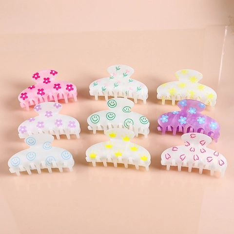 Acetate Hair Claw Clips Large Pearlescent Iridescent Printed Heart Smiley Face Flower Hair Clamps For Women Girls