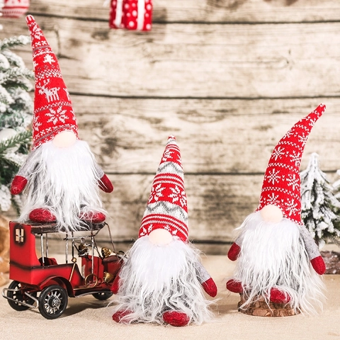 Poupée De Gnome De Noël Peluche Rudolph Sans Visage Avec Chapeau Tricoté Longue Barbe Pour Décoration De Table Ornement Rouge Gris