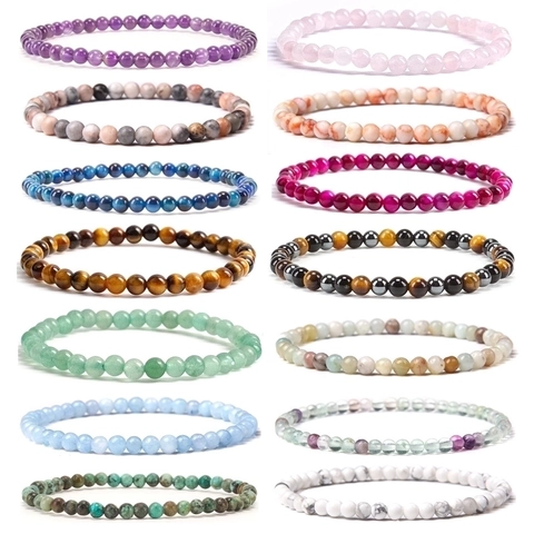 Natural Stone Beaded Bracelet Amethyst Tiger Eye Round Gemstone Single Strand Elastic Jewelry Women Men