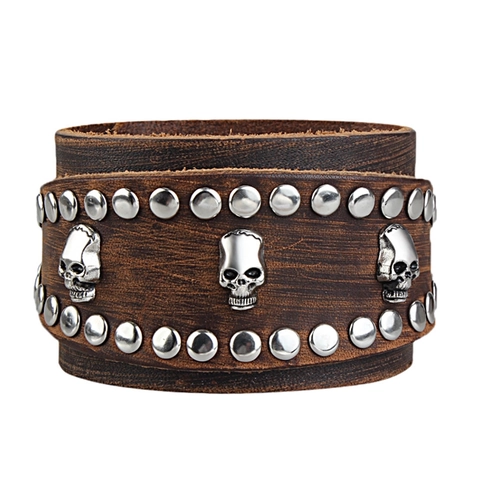 Punk Wide Leather Bracelet For Men Cowhide Band With Alloy Skull Cross Rivets Gothic Rock Style Double Layer Retro Wristband