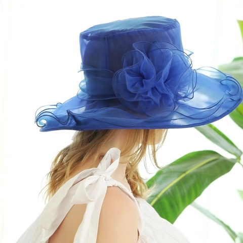 Women Organza Sun Hat Wide Brim Floral Elegant Mesh Church Kentucky Derby Party Beach Breathable Foldable Wedding Lady
