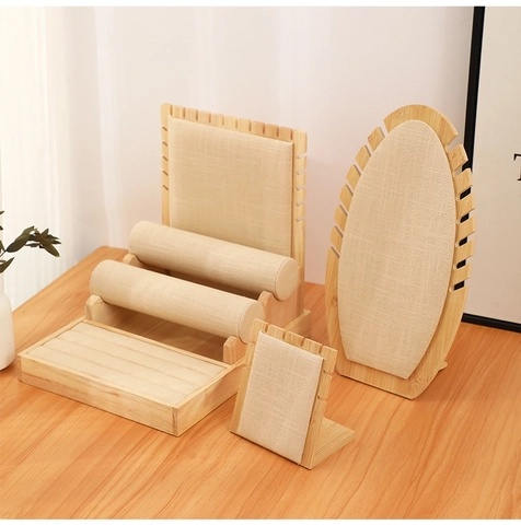 Jewelry Display Stand Bamboo Wood And Linen Burlap Necklace Holder Ring Organizer Bracelet Watch Rack Minimalist
