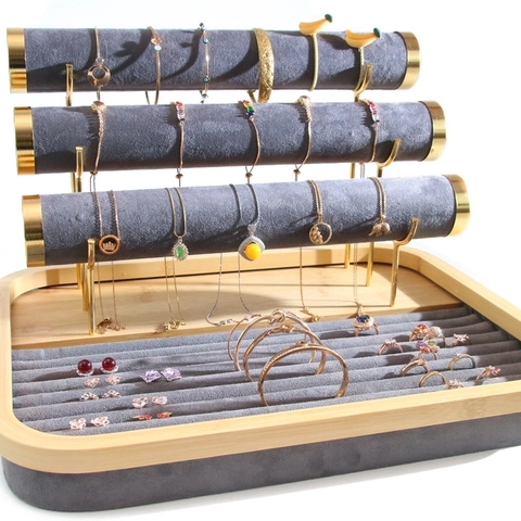 Jewelry Display Stand Bamboo Wood Velvet Tiered Rack Holder For Necklace Bracelet Ring Earrings Storage Organizer