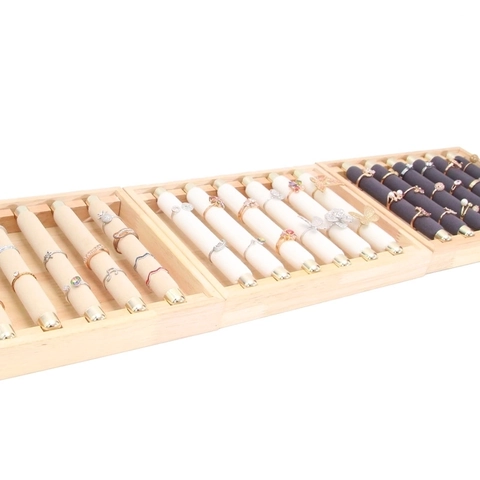 Wood Jewelry Display Tray Velvet Ring Holder Multiple Rods Bracelet Watch Organizer Showcase Counter Storage