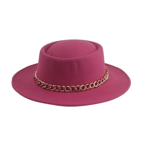 Retro Felt Fedora Hat Flat Brim Jazz Cap With Metal Chain Belt Elegant British Style Sun Hat For Women