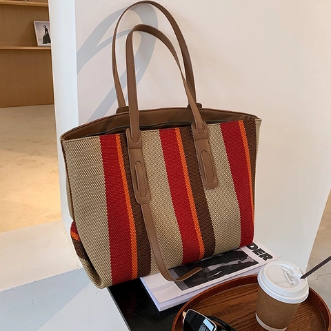 Women Large Capacity Tote Bag Vertical Stripe Canvas Woven Shoulder Handbag For Daily Travel Office Modern Style Zipper
