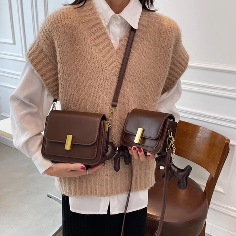 Bolso De Hombro Cruzado Para Mujer Cuero PU Cuadrado Minimalista Retro Hebilla Dorada Correa Ajustable Colgante Perro